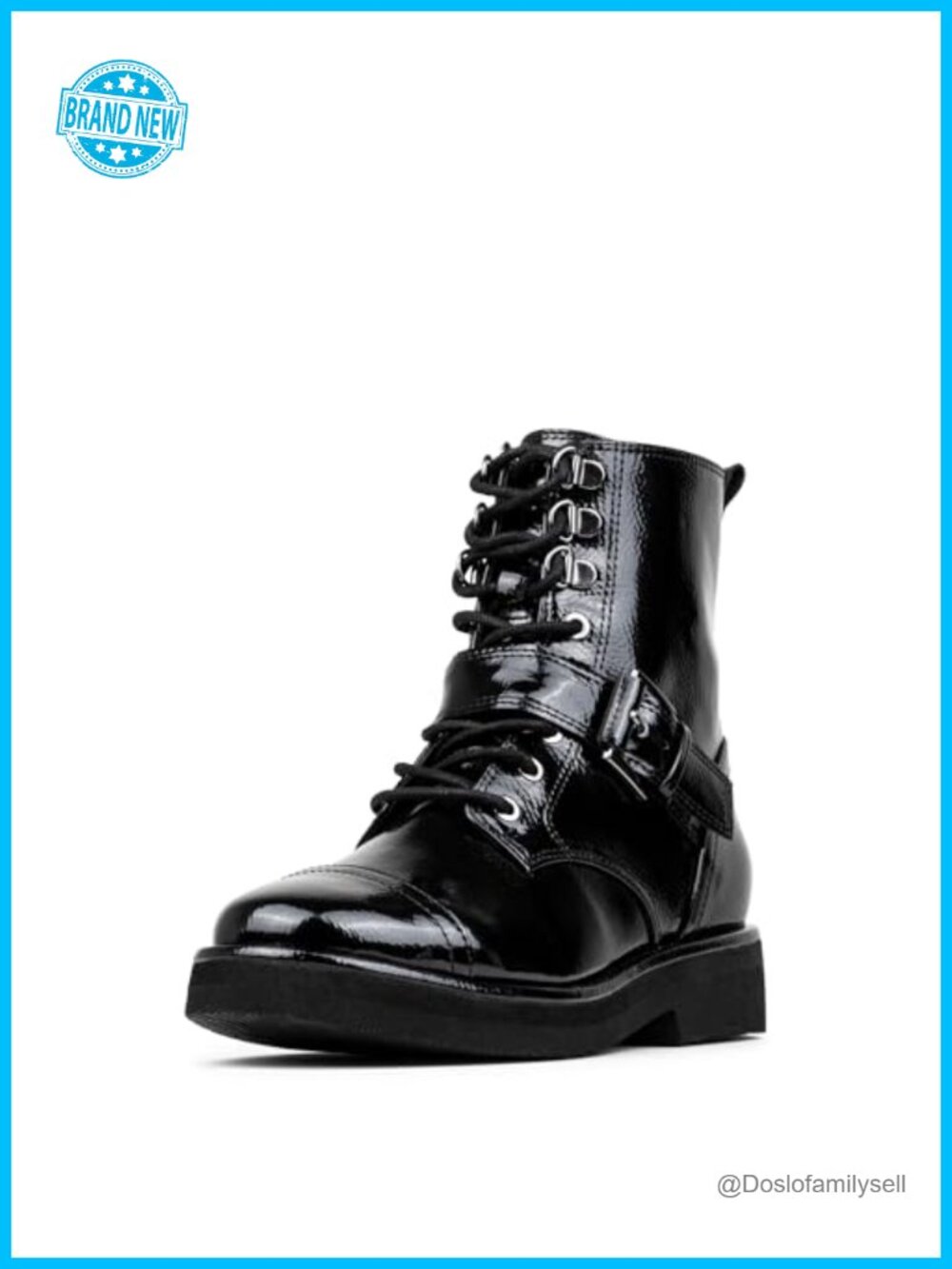 Patent Faux Leather Ankle Booties Lace-Up Buckle Memory Foam